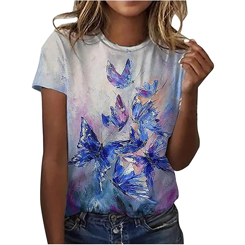 

Summer Short Sleeve Casual T-Shirt Women Cotton TShirts 3D Floral Print Pullover Tops Fashion Tie dye Landscape Pattern T-Shirts