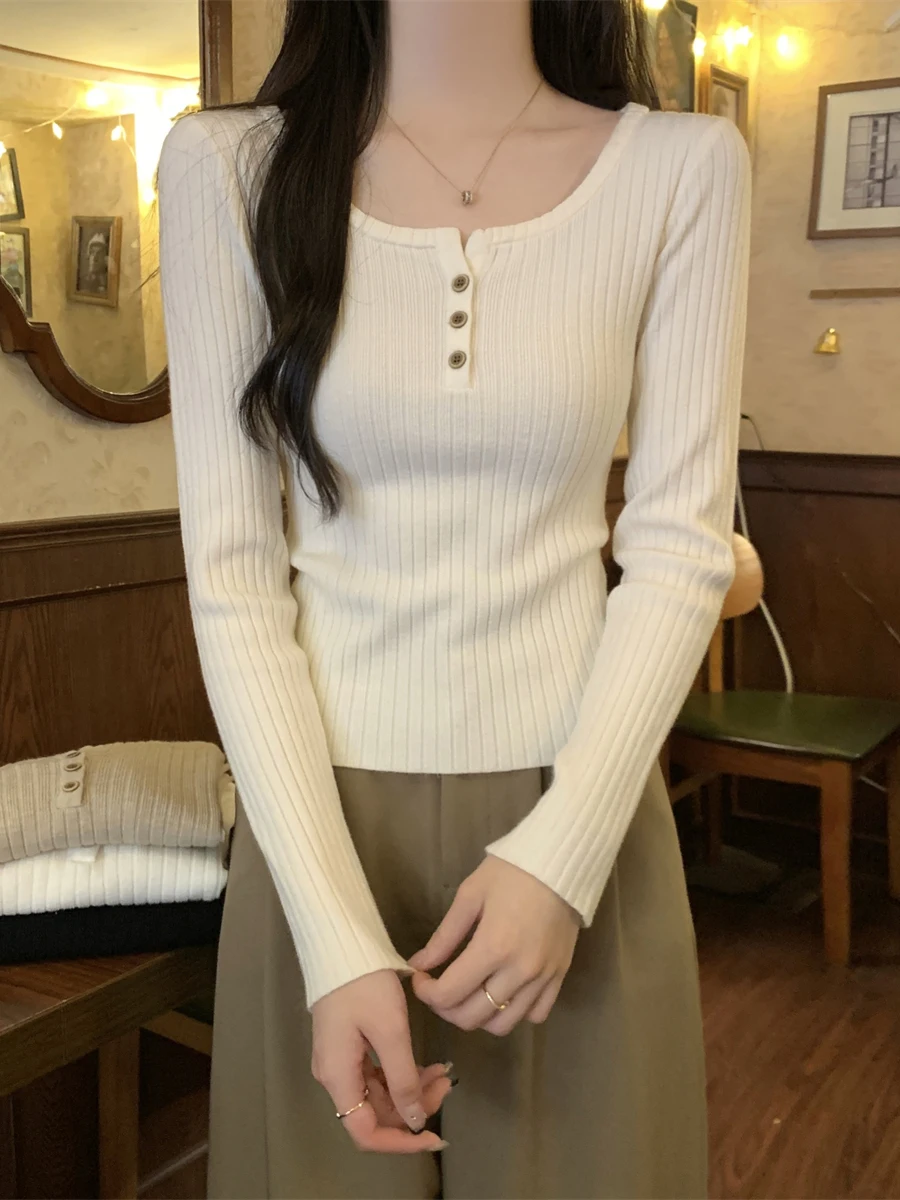 Женский свитер High Sense Sunken Stripe на талии облегающий шикарный пуговицах с квадратным