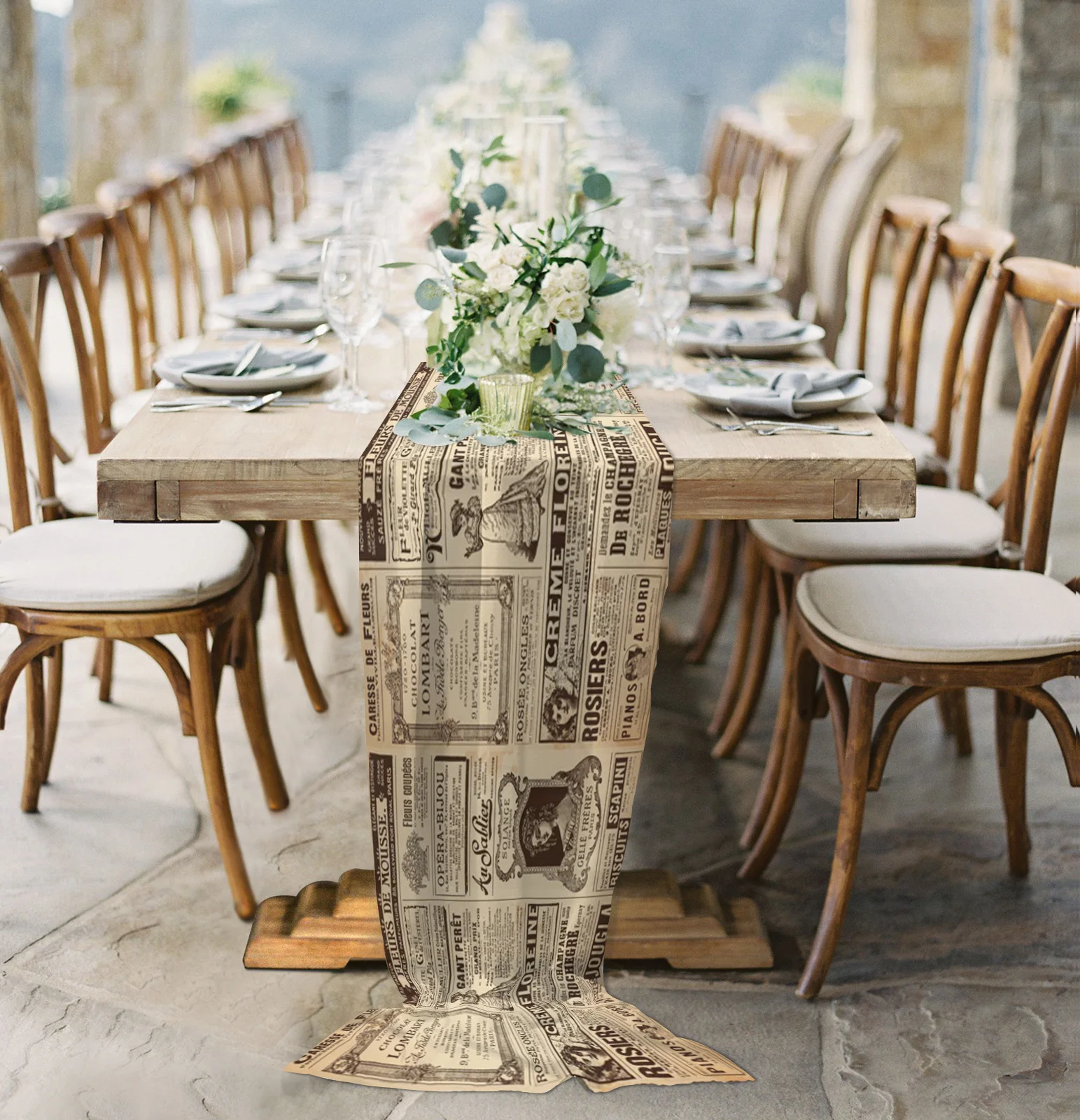 

Newspaper English Letters Retro Chiffon Table Runner for Wedding Celebration Banquet Festival Party Backdrop Decor