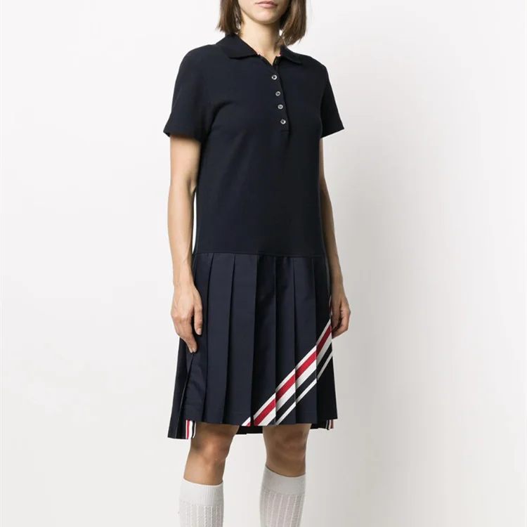 Korean TB pleated dress women's summer college style striped stitching POLO collar A-line white midi skirt