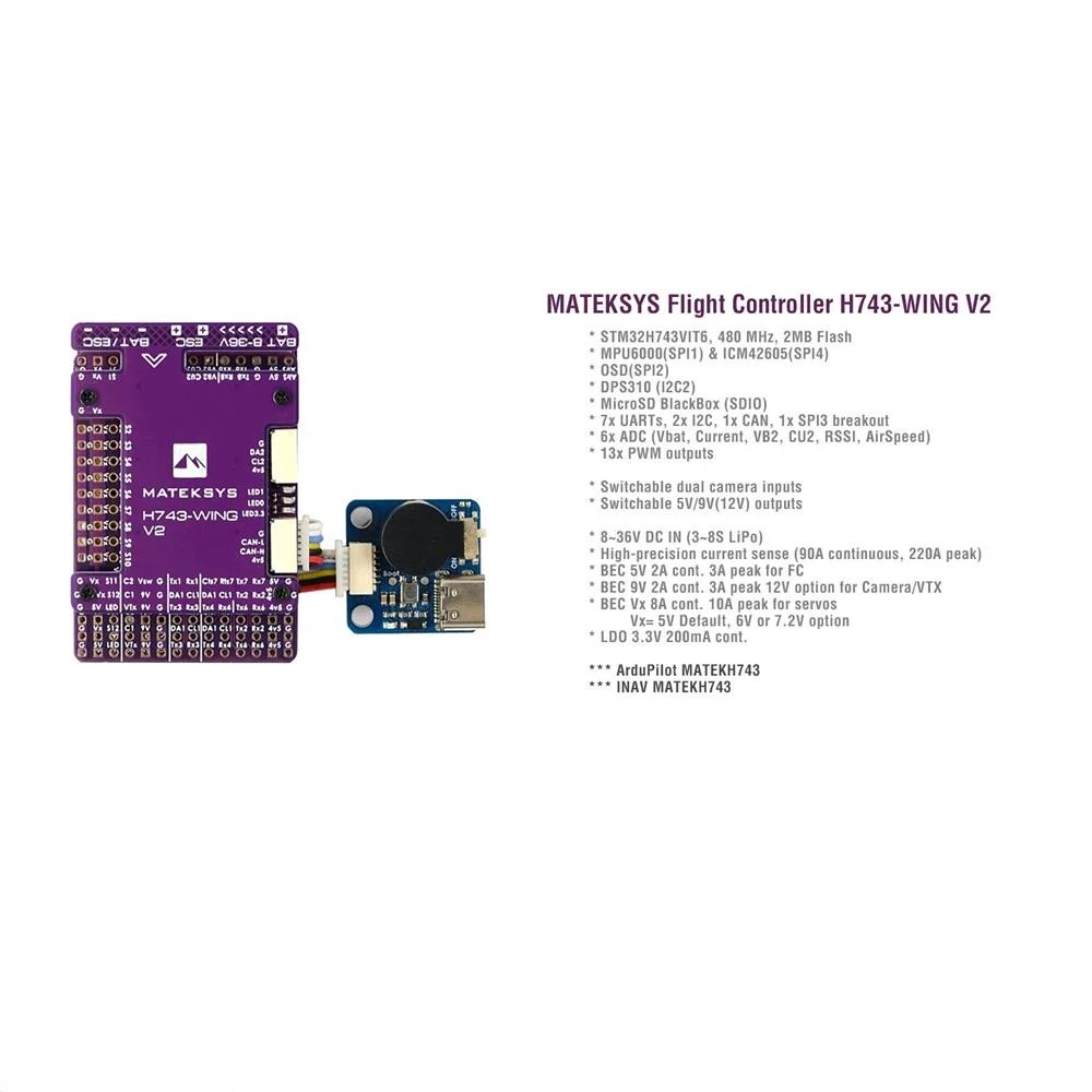 Контроллер полета MATEK H743-WING V3 ArduPilot INAV 3-8S H743 для радиоуправляемых многовинтовых