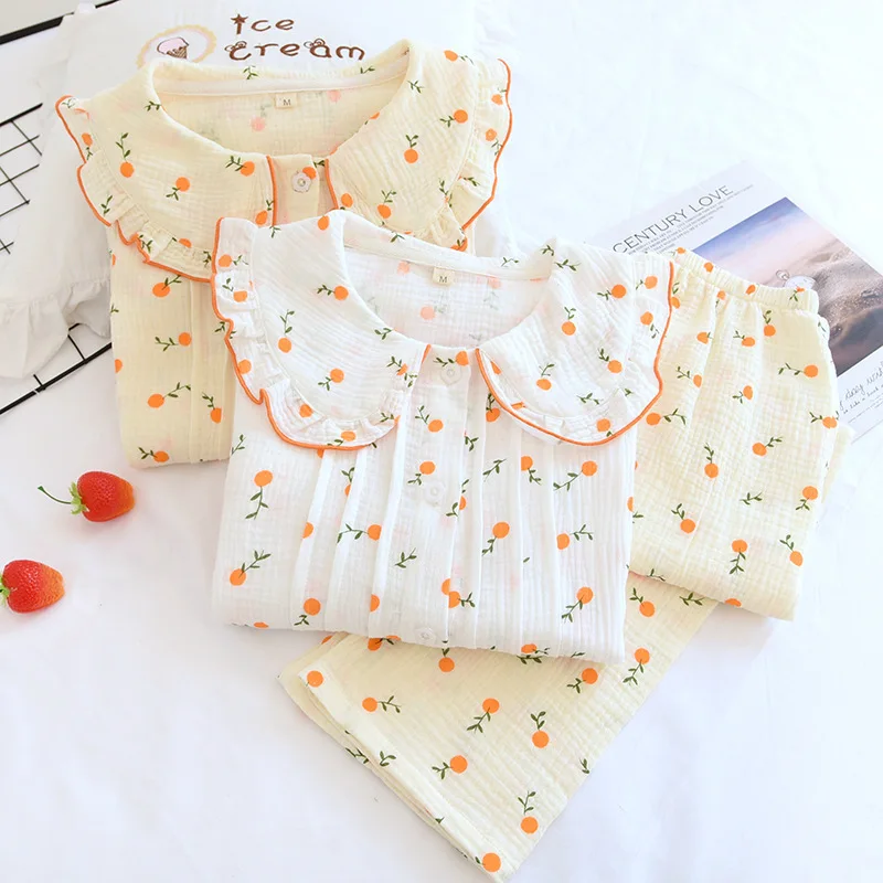 Doll Collar Girl Home Wear Set Soft Breathable Comfortable Woven Cotton Crepe Button Long Sleeves Trousers Korean Pyjamas Women