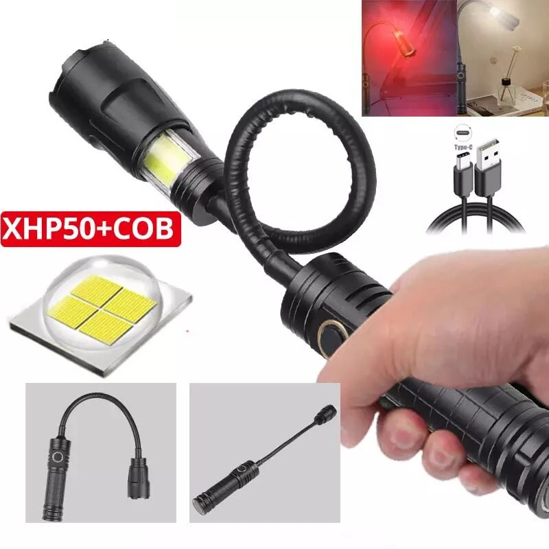 

Powerful LED Flashlight XHP50 Portable Work Lamp Usb Rechargeable Torch Waterproof 360° Swivel Hose Multifunction COB Lantern