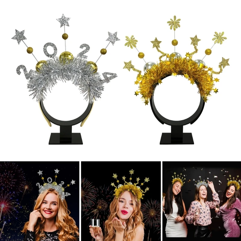

2024 Happy New Year Firework Headband Adult Kids Music Festival Sequins Hair Hoop Carnival Party Holiday Decorative Headdress