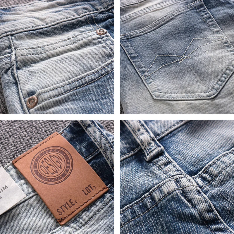 Italian Style Fashion Men Jeans Retro Light Blue Stretch Slim Fit Ripped Jeans Men Trousers Vintage Designer Casual Pants Hombre