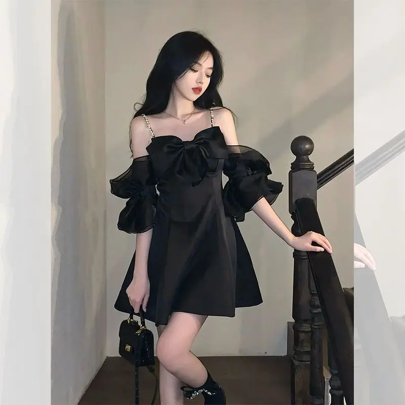 

Summer French Niche Design Sense Bow Off-the-shoulder Dress Temperament Ins Wind New Closed Waist Fairy Skirt