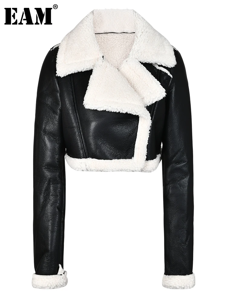 

[EAM] Loose Fit Balck Lambswool Big Size Short Jacket New Lapel Long Sleeve Women Coat Fashion Tide Autumn Winter 2023 CP2068