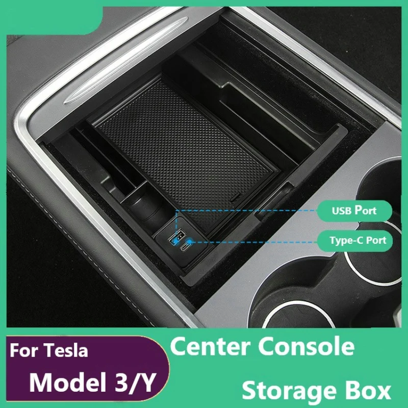

For Tesla Model 3 Model Y 2023 Car Central Storage Box with USB Type-C Port Design Armrest Center Console Box Auto Container