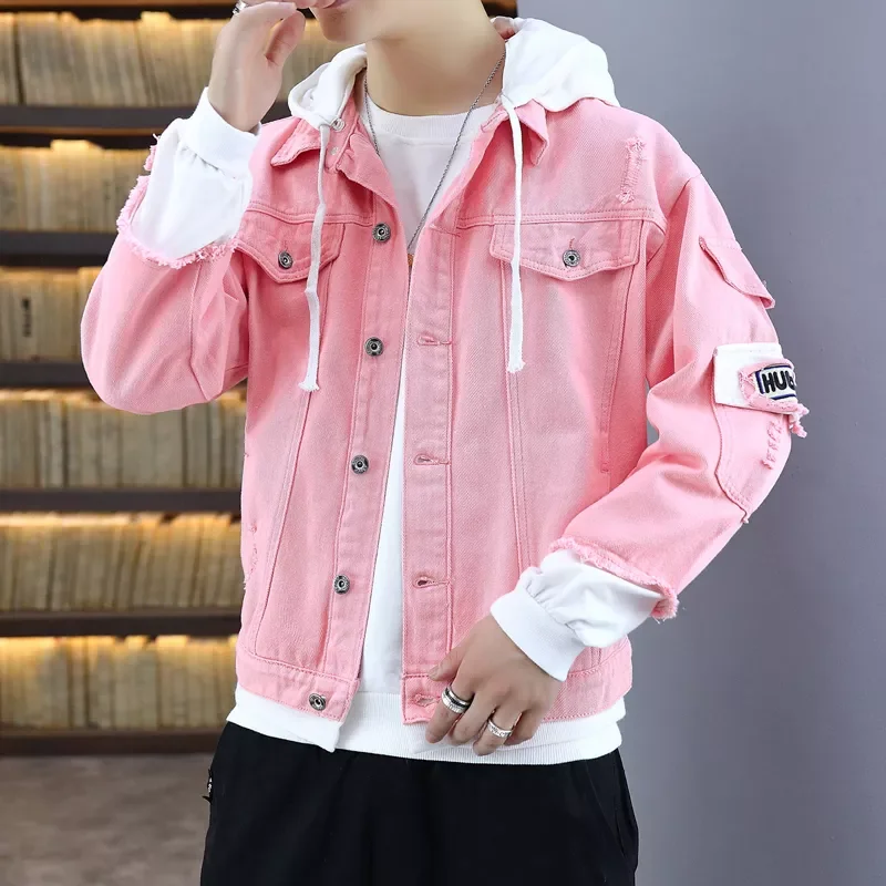 

NEW IN Pink Black Green Jeans Jacket Men Slim Streetwear Ripped Denim Jacket Hoodie Men Hip Hop Bomber Jacket Homme Autumn