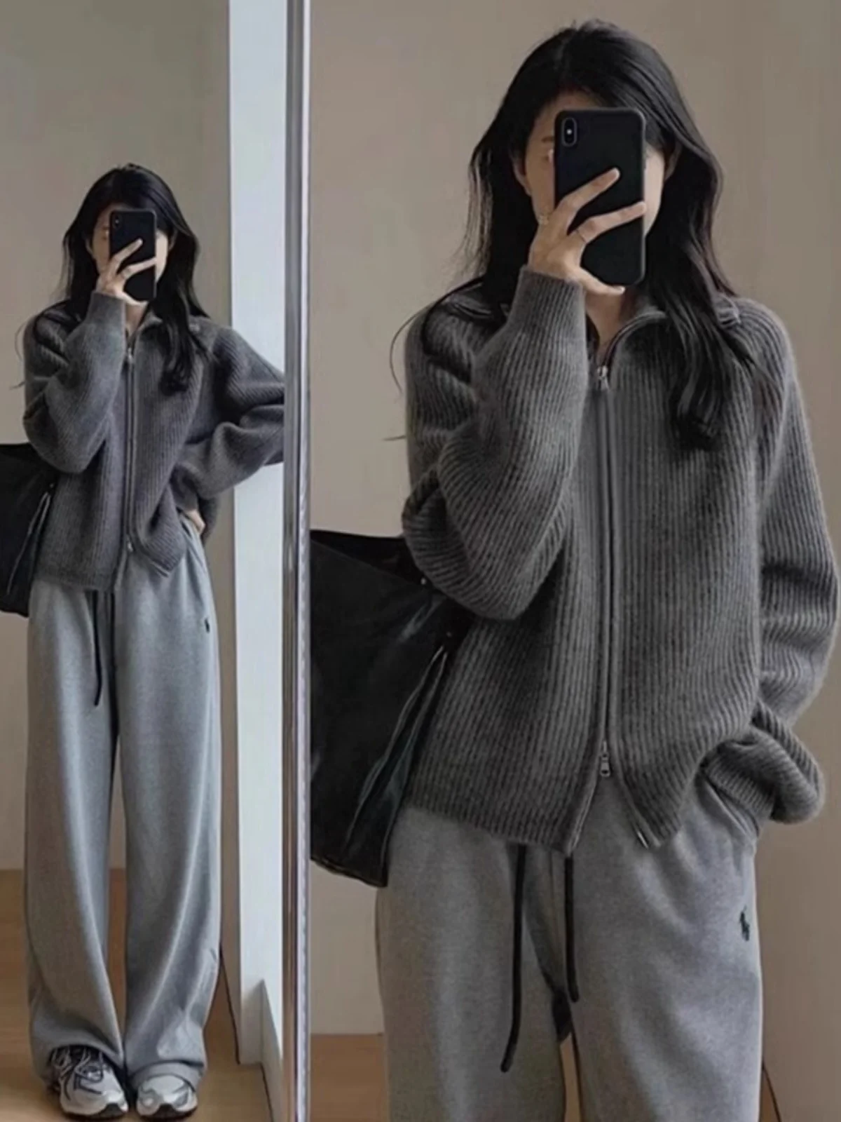 Серый свитер с воротником на молнии женский осенне-зимний 2024 новая популярная