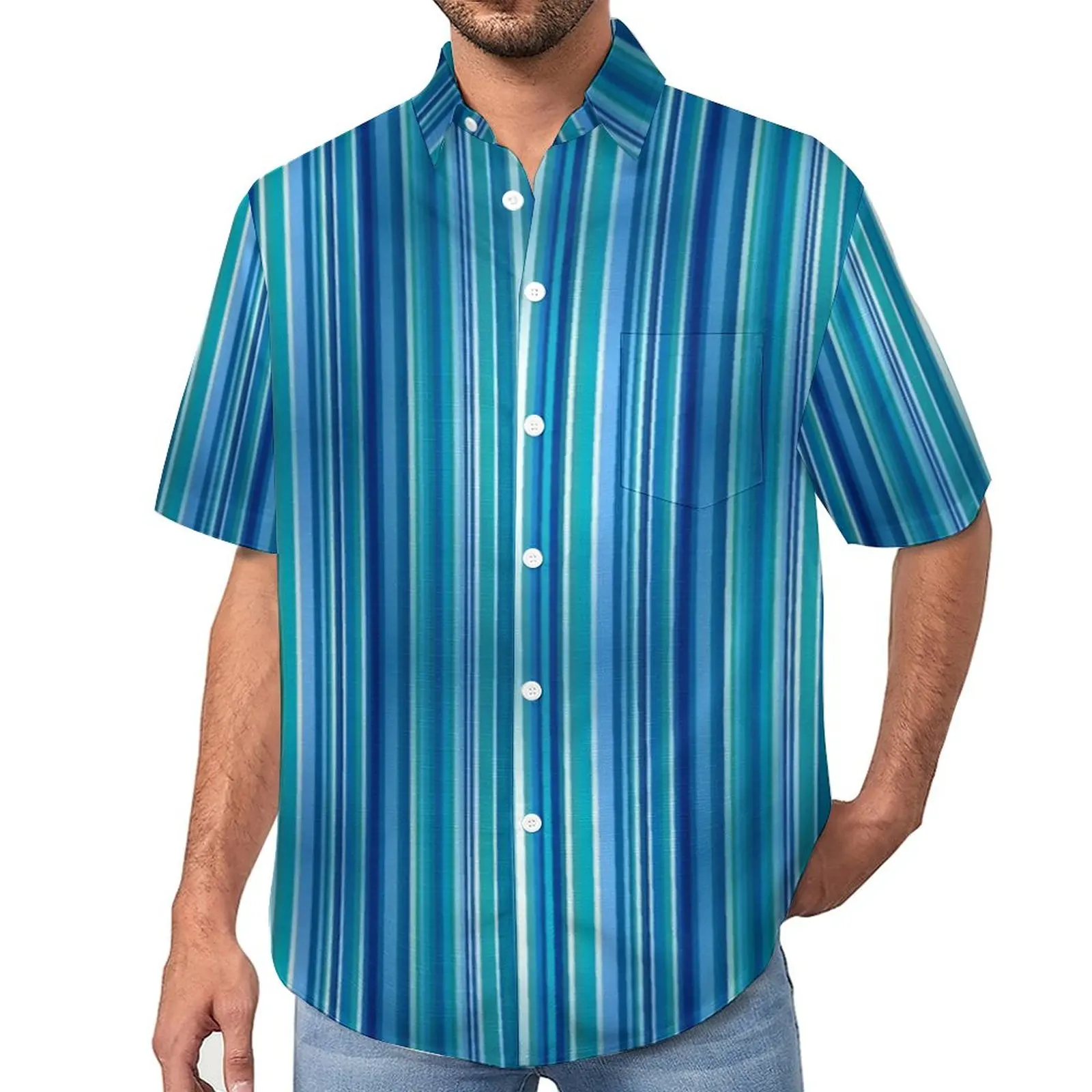 

Blue And White Striped Casual Shirts Vertical Stripes Vacation Shirt Hawaii Cool Blouses Male Graphic Large Size