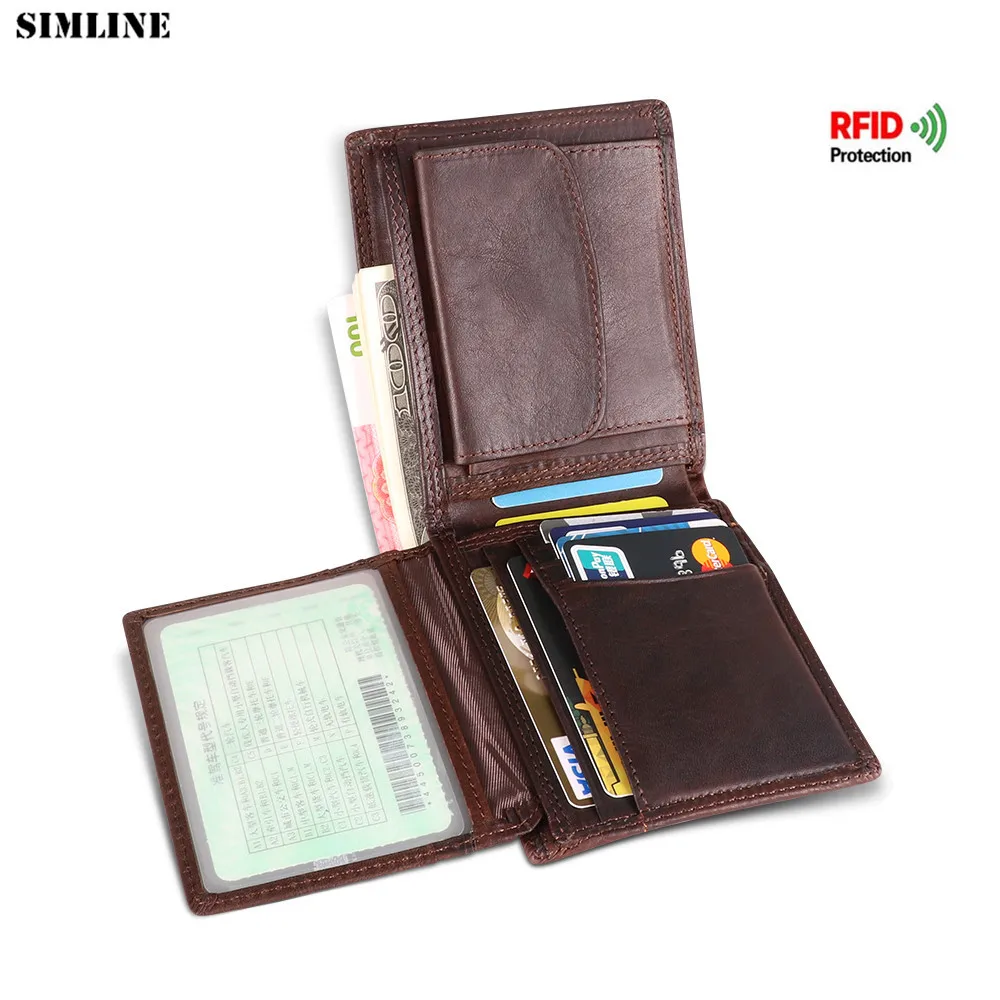 

Genuine Leather Wallet For Men Male Rfid Blocking Vintage Short Bifold Men's Purse Credit Card Holder With Coin Pocket ID Window