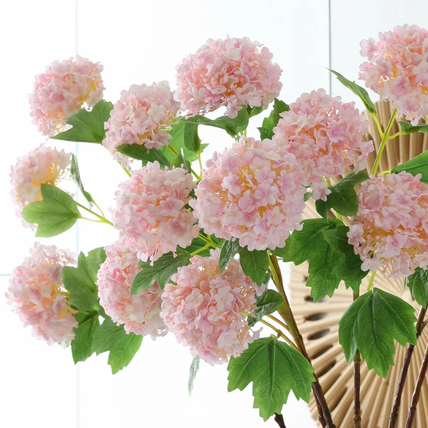 

Luxury 3 Heads Hydrangea Fake Flowers Snowball Artificial Silk Flowers With Green Leaves Wedding Party Home Decoration