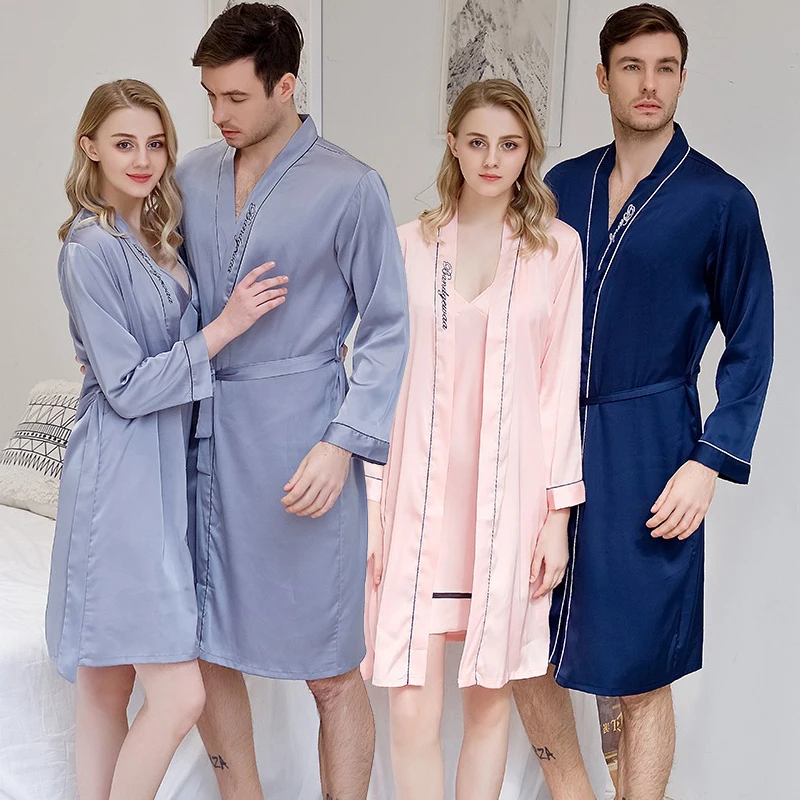 2022 Spring Summer Couple Long Sleeve Silk Satin Kimono Robes Sets for Men Sleepwear Women 2PCS Sexy Night Dress Bathrobe Nighty