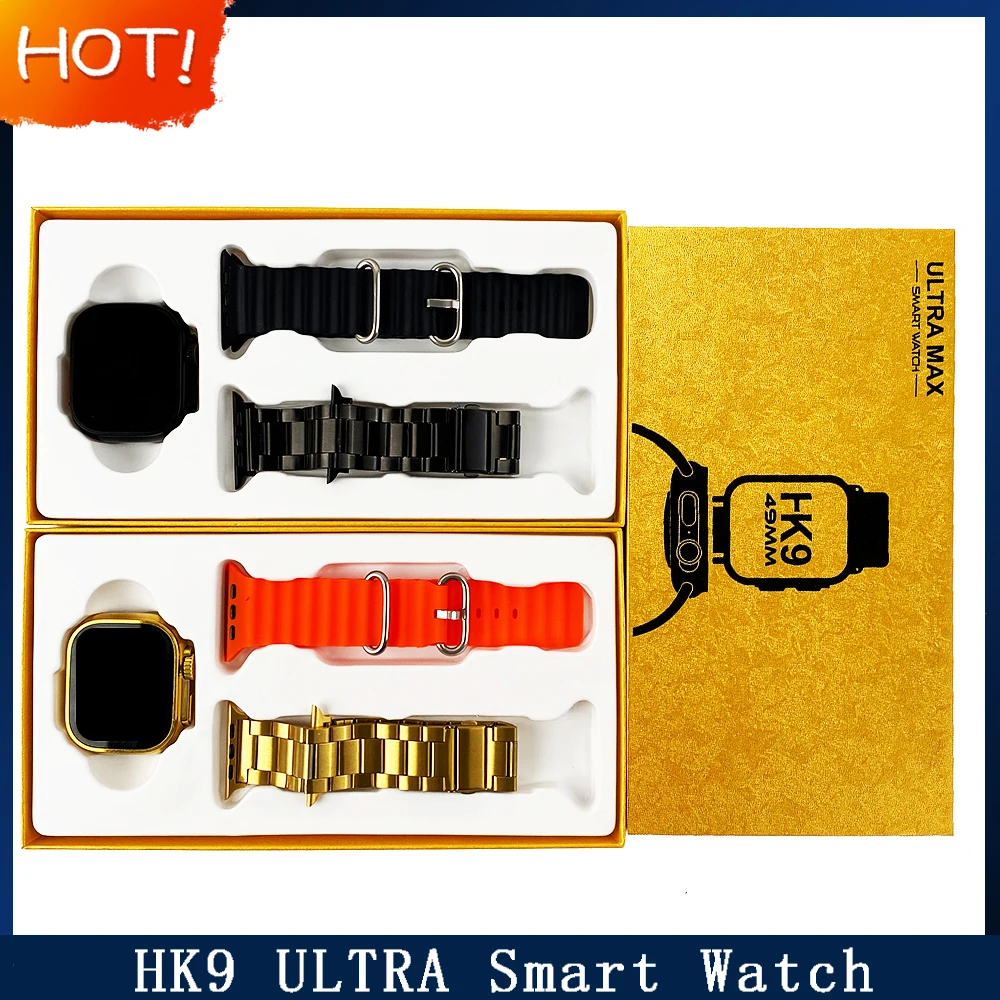 

2023 HK9 Ultra Max Golden Smartwatch 1.99 Inch Series 8 Ultra 49mm Heart Rate Bluetooth Call Smart Watch Men Women With 2 Straps