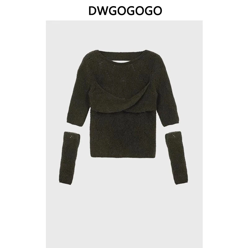 

Осень 2023, новинка, модный свитер в острых тонах для девушек, Женский вязаный сексуальный пуловер с открытой спиной и вырезами, облегающий Топ