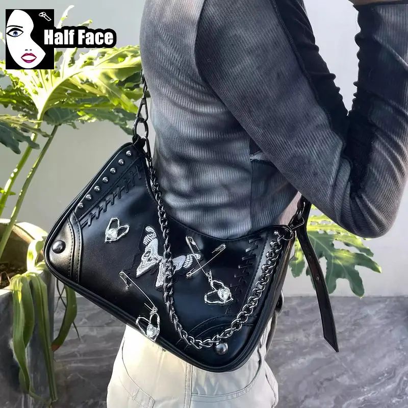

Y2K Girls Harajuku Gothic Handbags Punk Versatile Chain Paper Clip Butterfly One Shoulder Lolita Women Rivet Crossbody Bags Tote