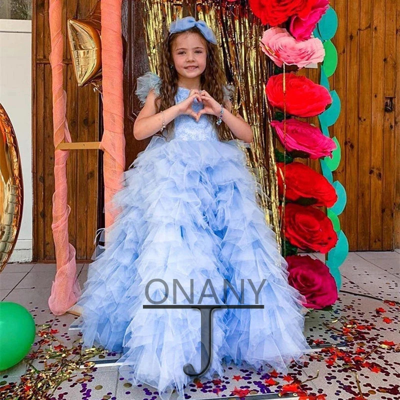 

JONANY Delicate Sky Blue Flower Girl Dress Layered Tulle Fantasty Frill Ruffled Custom Made First Communion Roupas De Florista