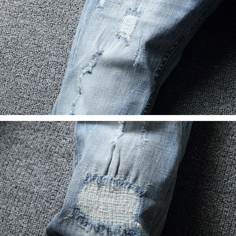 Fashion Designer Men Jeans Retro Light Blue Elastic Stretch Slim Fit Ripped Jeans Men Patched Vintage Casual Denim Pants Hombre