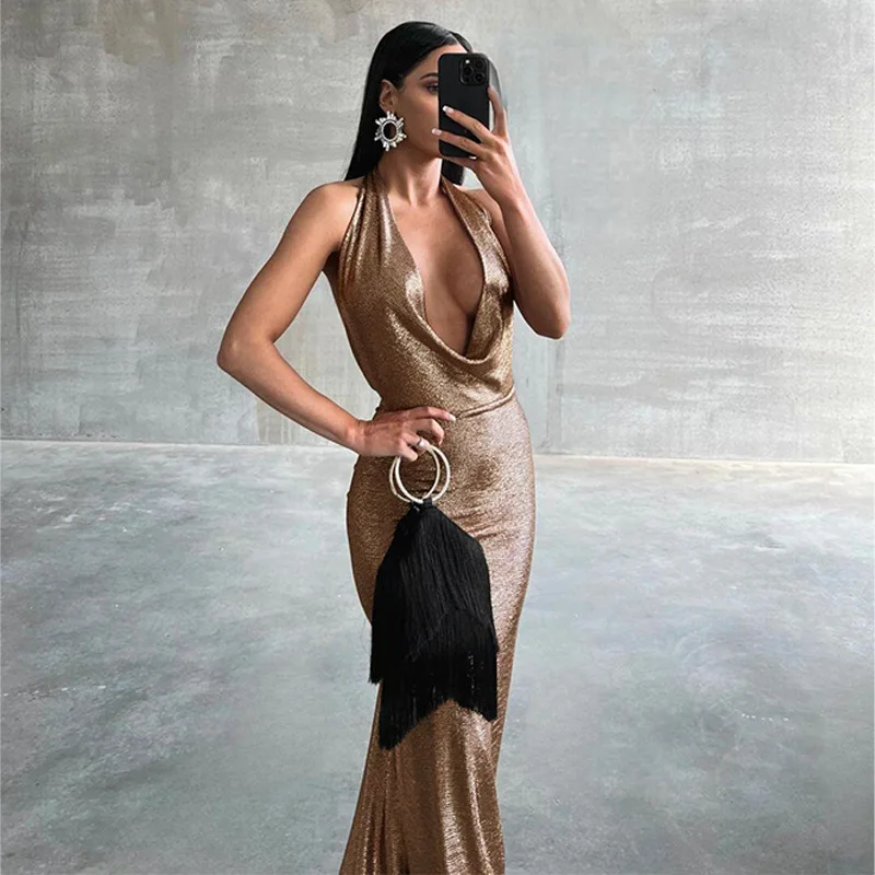 

V Neck Evening Dress 2023 Bodycon Shiny Cocktail Dresses Woman Summer Elegant Luxury Maxi Long Halter Sexy Party Club Dresses