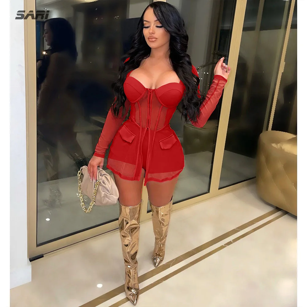 Сексуальный женский костюм летний сетчатый топ средней длины на молнии и шорты