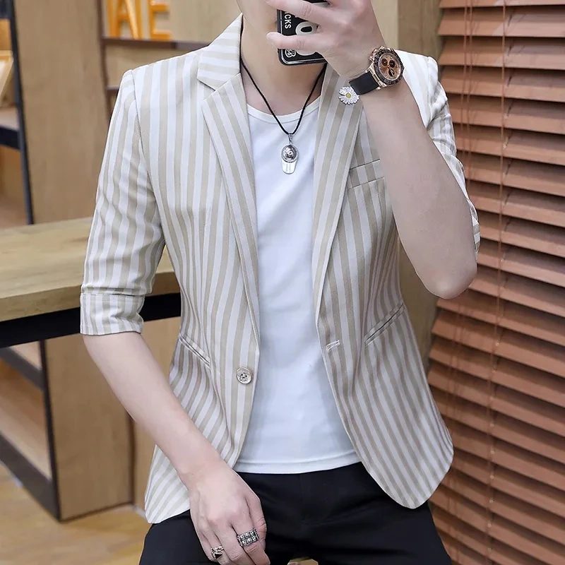 

Blazer Jacket Men Clothing Striped Short Mid-Sleeve Casual Suit Coat Summer Fashion Slim Button Outerwear Tops Terno Masculino