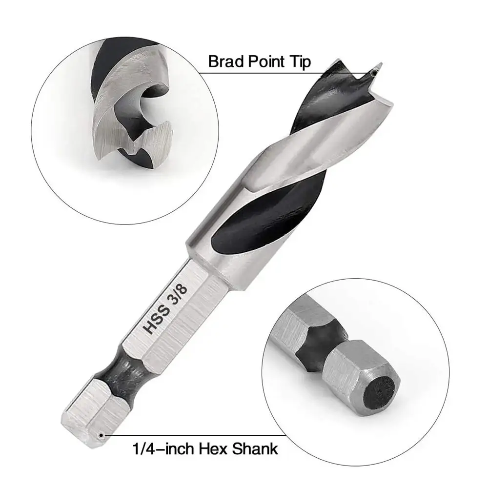 Фото Набор из 6 коротких сверл HSS SAE Brad Point с быстросменным шестигранным хвостовиком 3/32-3/8 дюйма (1/4 дюйма) для твердых и мягких пород дерева, ЧПУ №3