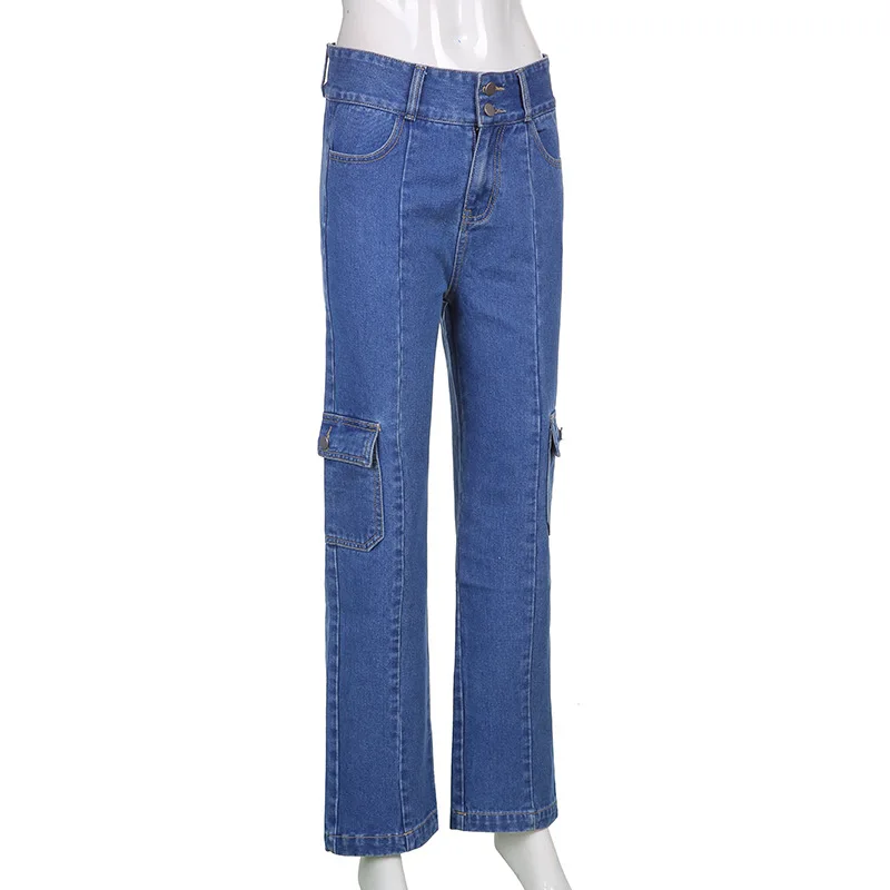 Women's Retro Y2k Low Waist Big Pocket Overalls Loose Straight Leg Mom Streetwear Boyfriend Wide Leg Casual Denim Trousers