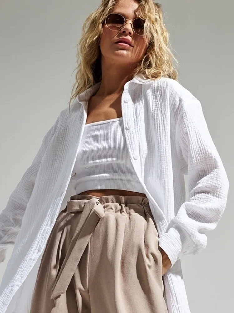 Рубашка женская летняя хлопковая с длинным рукавом свободного покроя