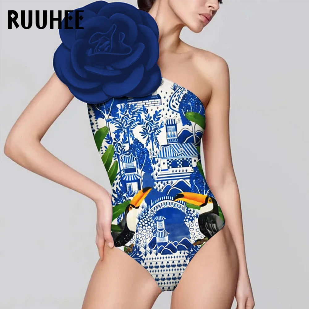 

RUUHEE One Piece Swimsuit and Skirt Brazilian Ruffle 3D Flower Printed Swimsuit Women One Shoulder Swimwear Women Beach Bodysuit