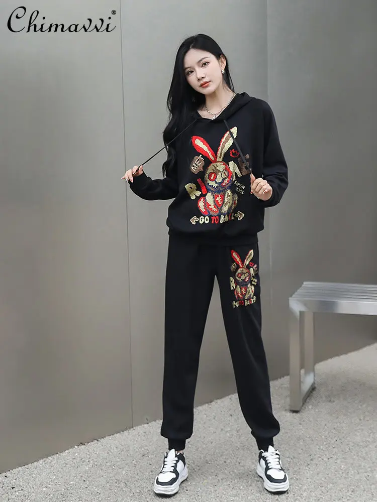 Fashion Suit Women Spring Autumn Fashion Larger Size Slim Hooded Long Sleeve Coat Casual Pants Streetwear Ladies Two-Piece Set