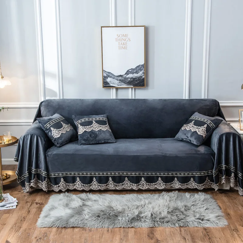 

Winter Plush Couch Cover Vintage Lace Sofa Slipcover Velvet Sofa Cover Stain-Proof Furniture Protector Pet Kids Home Decoration