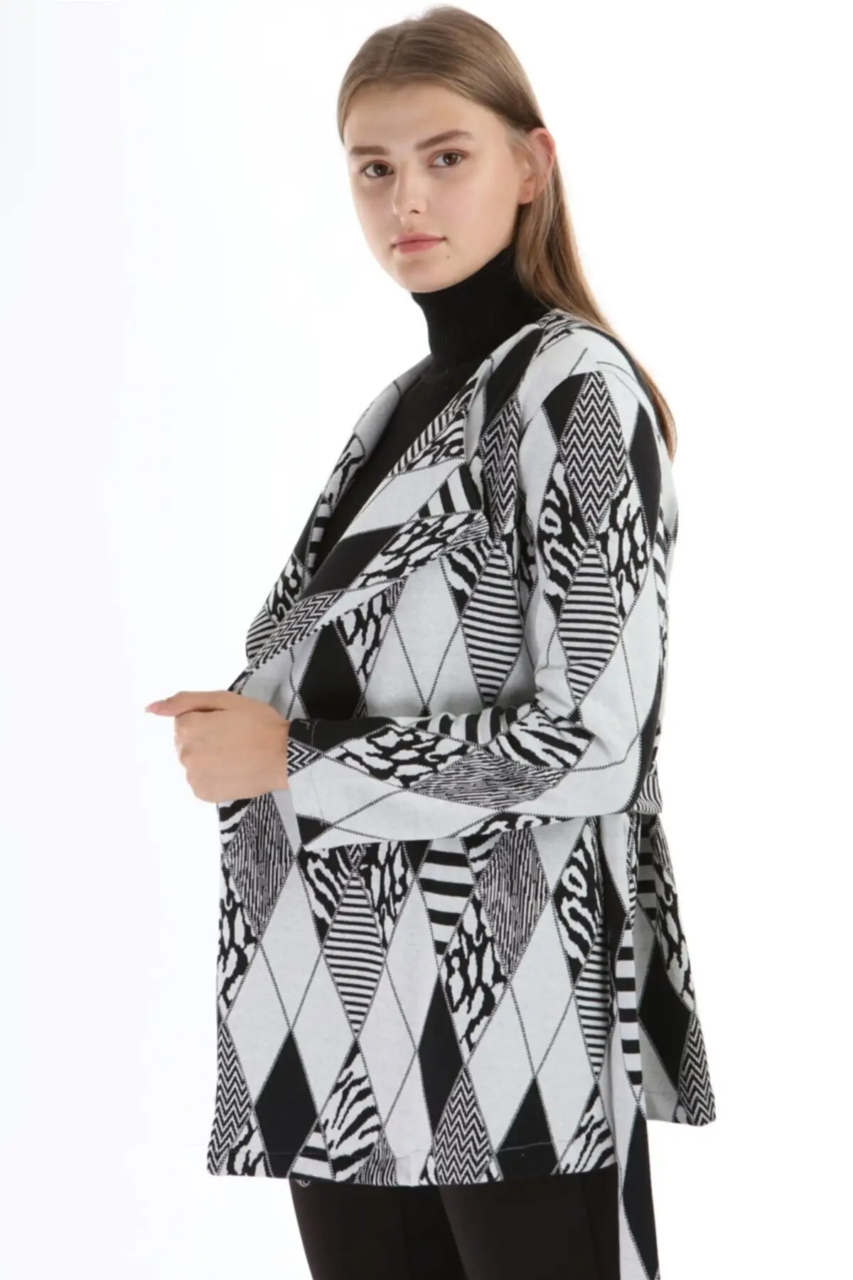 

Женский кардиган, черно-белый вязаный Повседневный вязаный свитер с узором, свитер