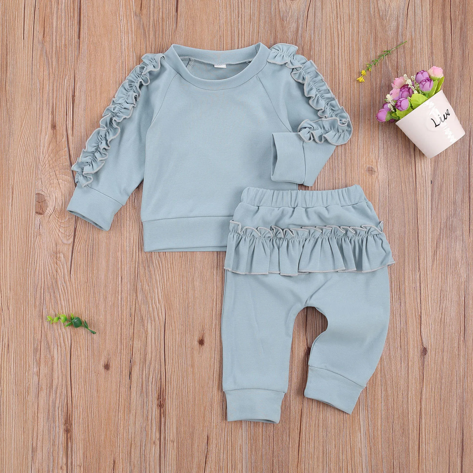 

0-2 Years Newborn Infant Baby Girls Clothes Sets Spring Autumn Long Ruffled Sleeve Tops+Pants Sets Solid 2PCS Outfits Clothes