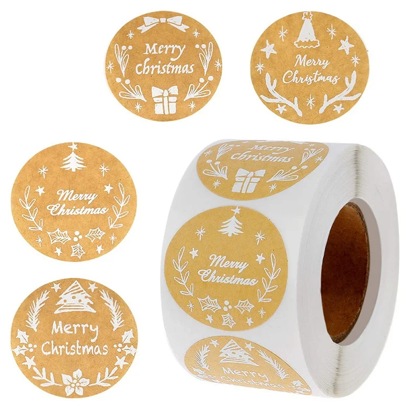 

500 Pcs/Roll Kraft Paper Stickers Christmas Gift Decoration Stickers Happy Holidays Decoration Seal labels Packaging Statione