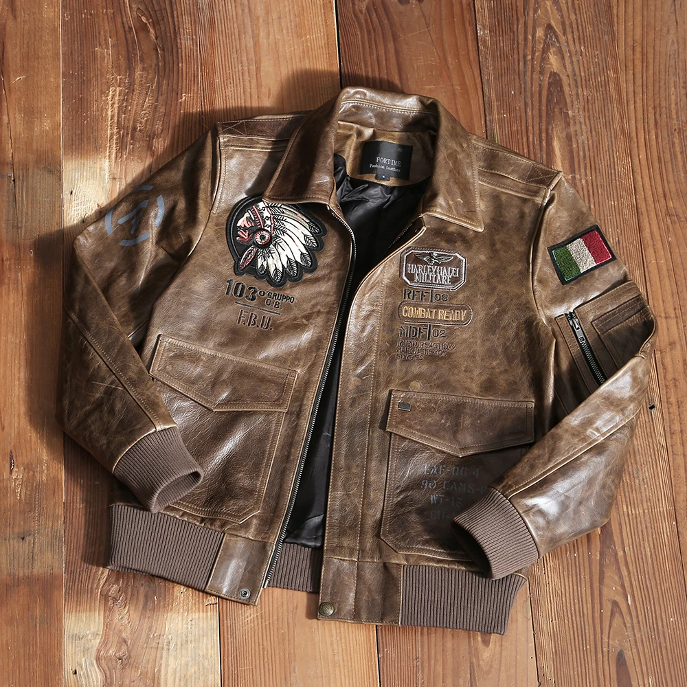 Мужская приталенная куртка из натуральной воловьей кожи в стиле милитари |