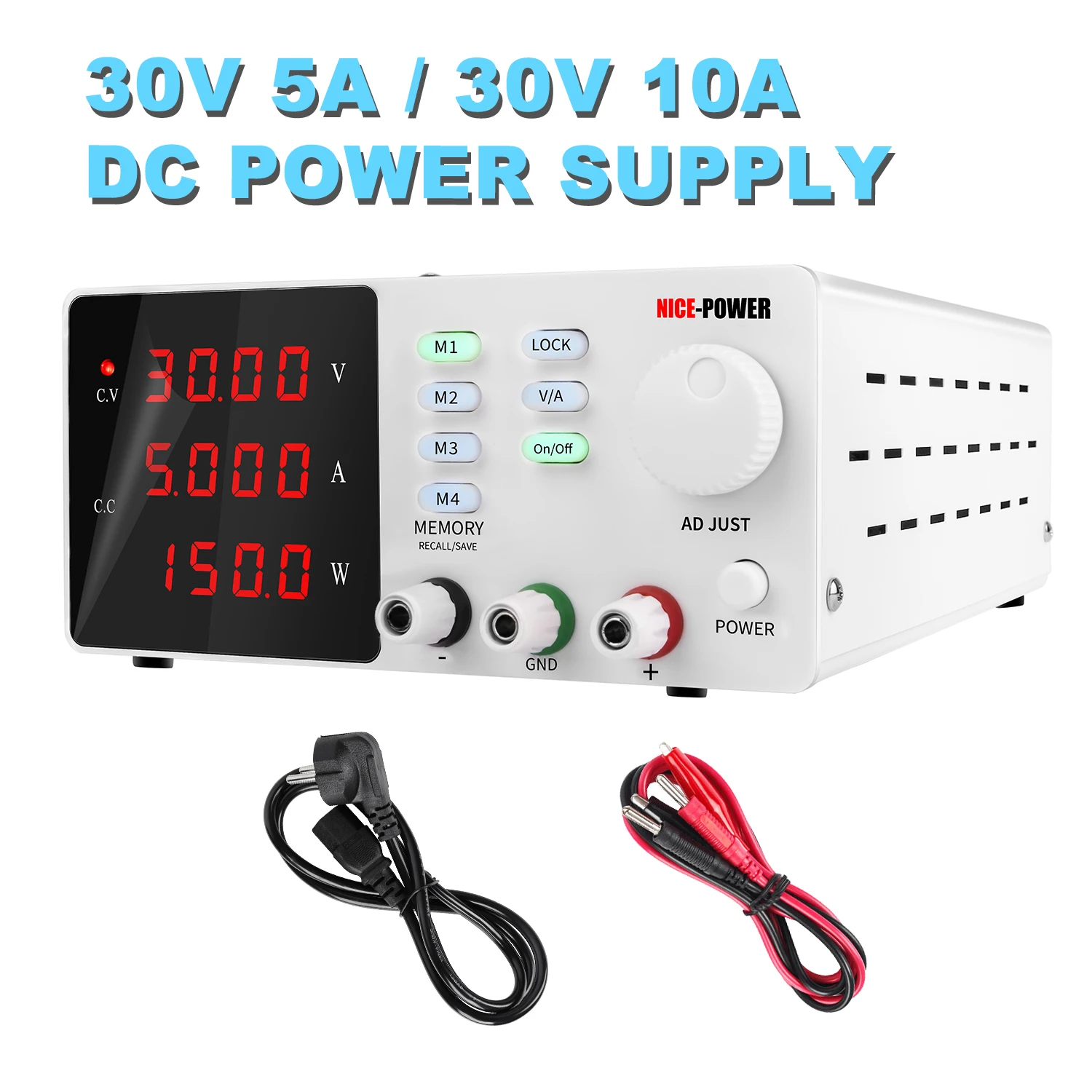 

NICE-POWER Variable Power Supply 30V 10A Adjustable Lab Bench Power Source Voltage Regulator Switch Low-ripple AC To DC 30V5A