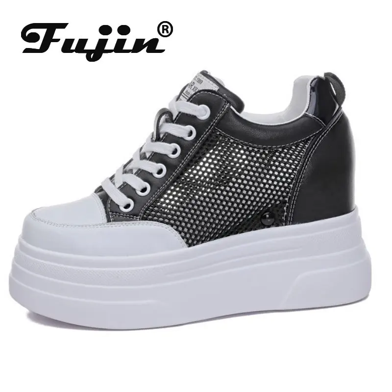 

Женские кроссовки на платформе Fujin, сетчатые дышащие кроссовки со скрытым каблуком 9 см