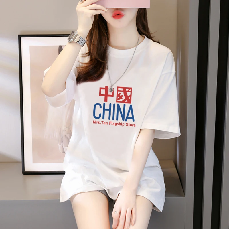 

3236#Real Shot Cotton Short SleeveTWomen's T-shirt Mid-Length Loose2022New Summer Chinese Fashion Brandins