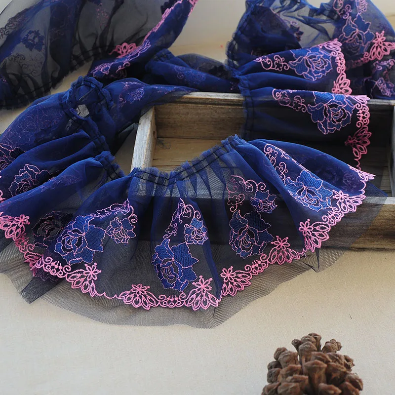 Плиссированная Тюлевая отделка двухслойная сетчатая ткань с цветочной вышивкой