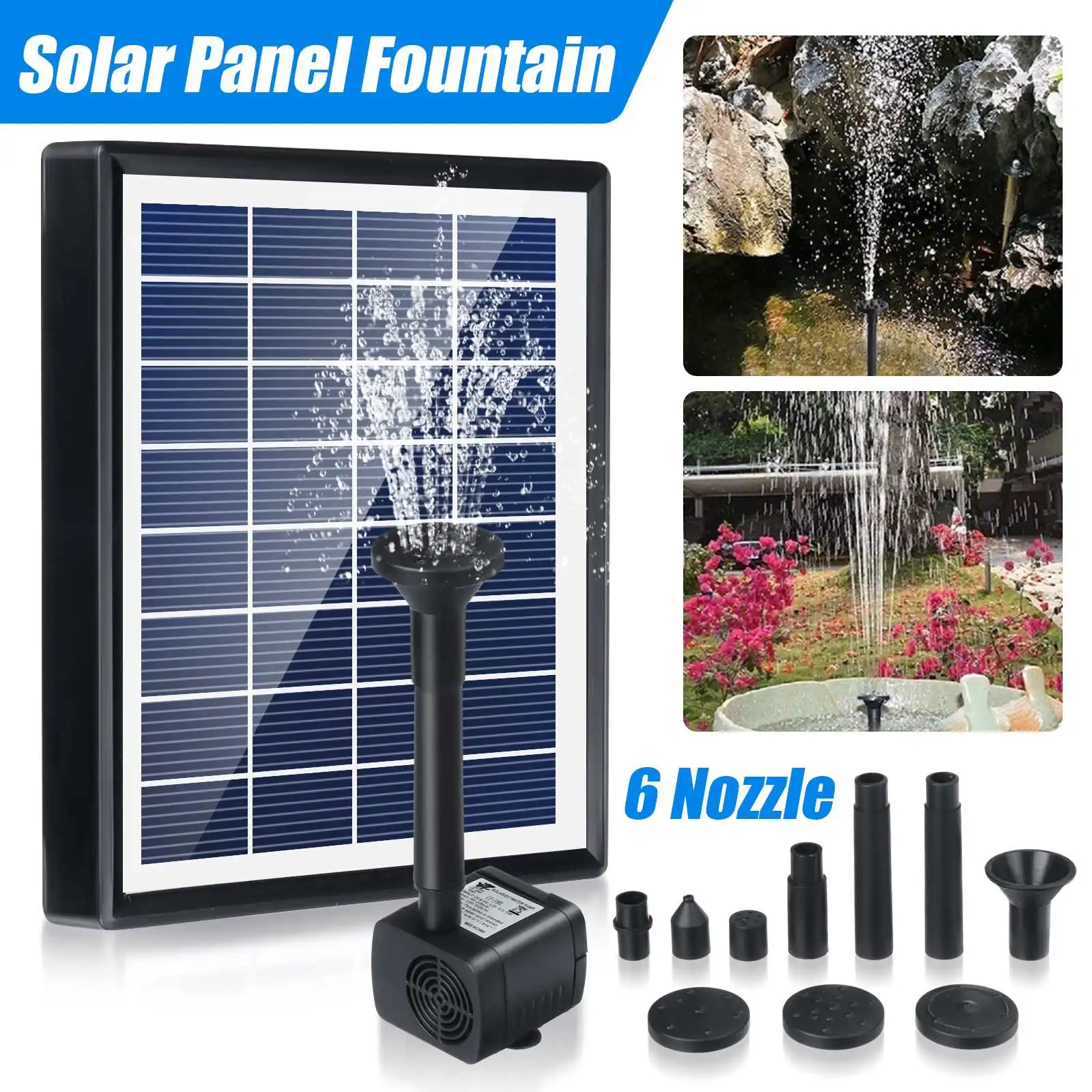 

Водяной фонтан на солнечной батарее, садовый распылитель воды для пруда с насосом, 6 насадок, аквариумный фонтан