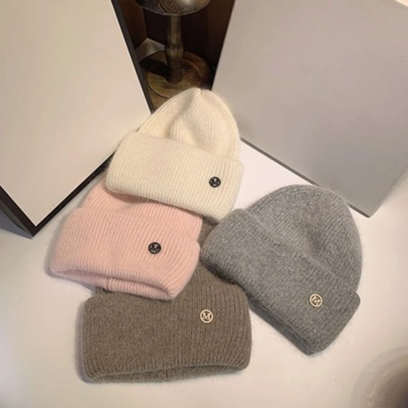 

Fashion New Women's Hats Winter Thick Warm Knitted Hats Solid Color Letter M Soft Rabbit Hair Skullies Beanies