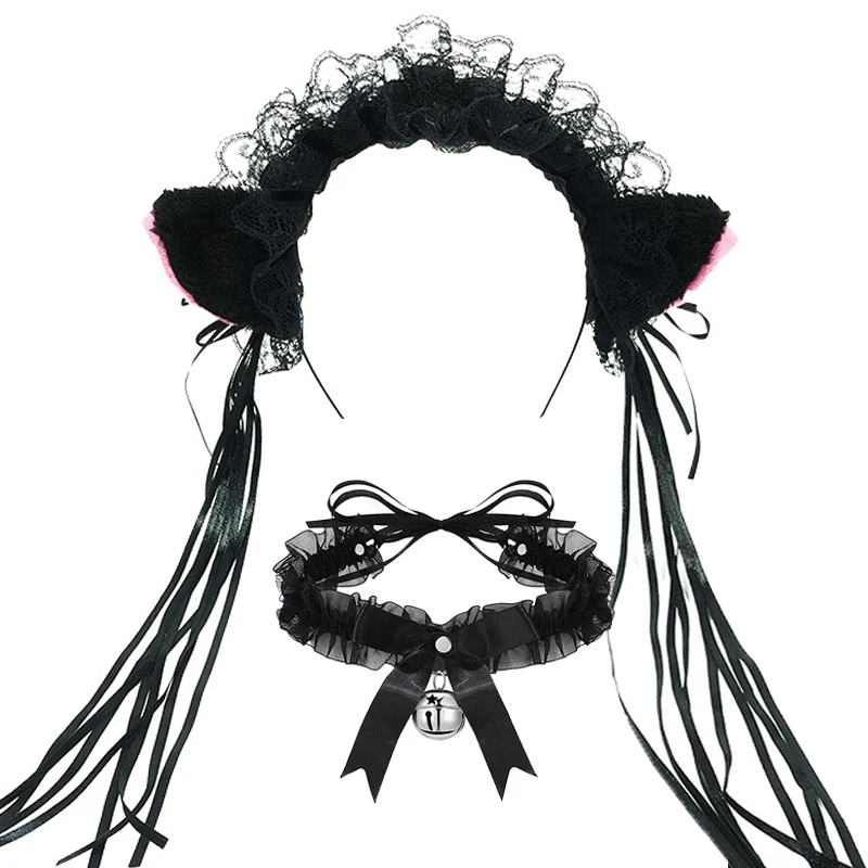Лента для волос Lolita Maid для женщин и девочек с оборками, кружевом, кошачьими ушками и колокольчиками для косплея и украшений для головы Kawaii Head Wrap Accessories.