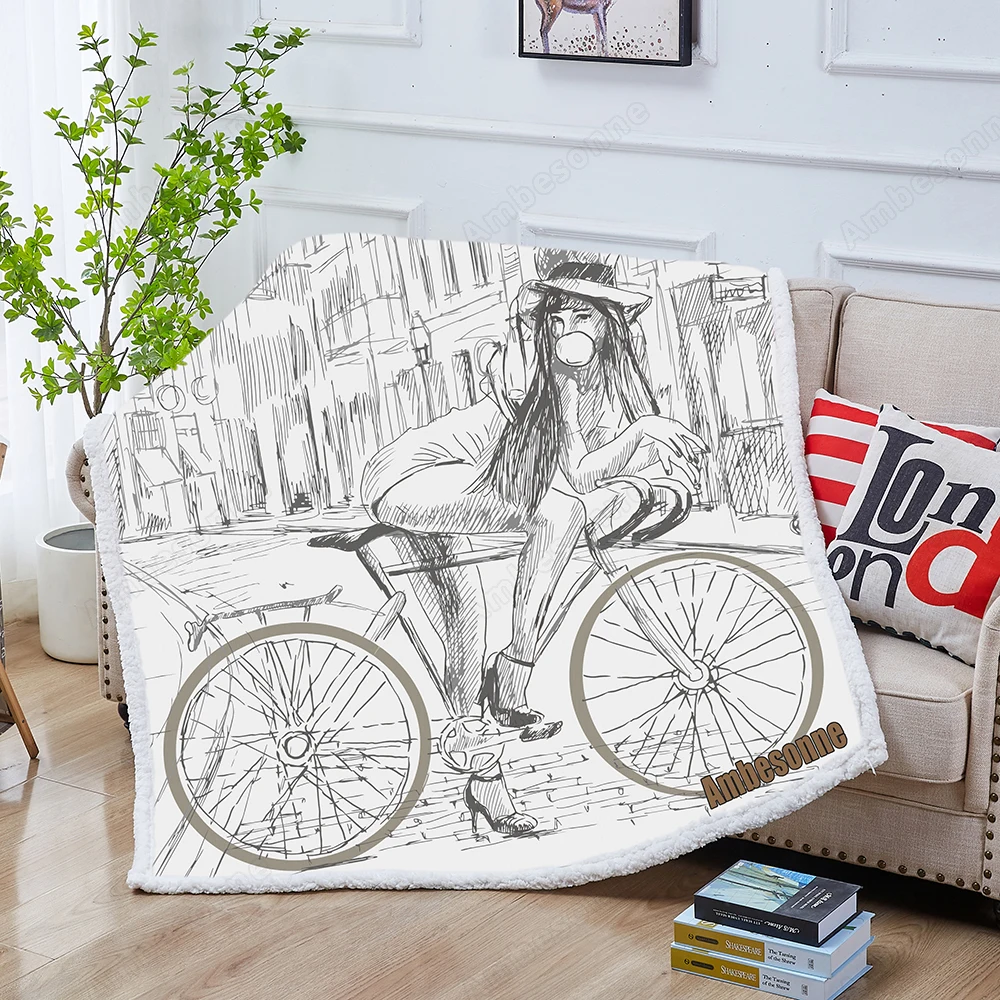 

Girl Resting on A Bicycle and Blowing Bubbles Sherpa Throw Blanket Sherpa Fleece Blanket on The Bed Sofa Hand Drawn Bedspread
