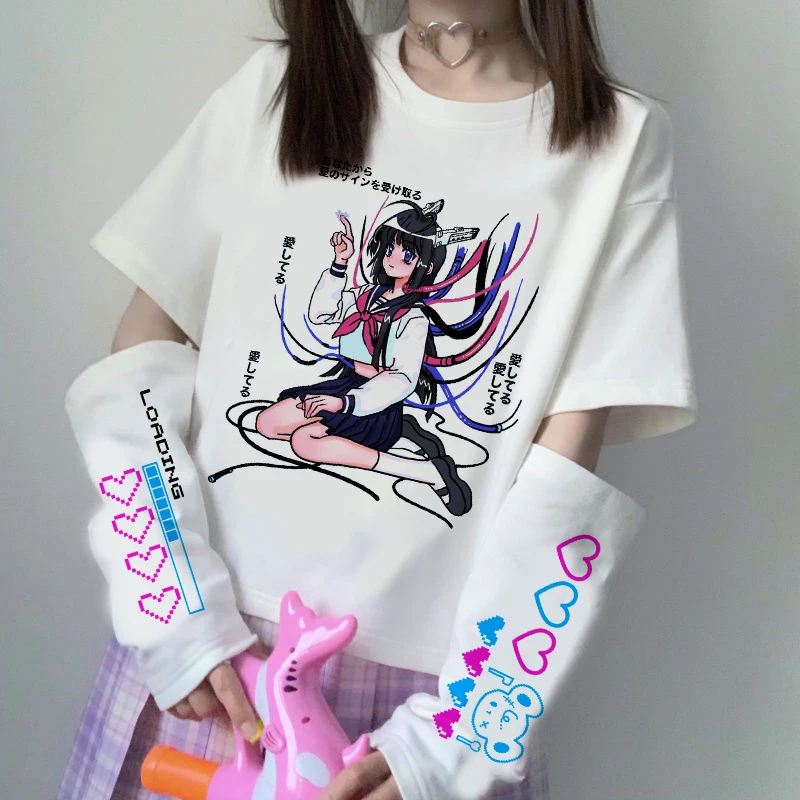Kawaii Anime Cartoon Sleeve T-Shirt E Girl Y2K Gothic Harajuku Aesthetic T-Shirt kawaii Ladies Emo Clothes Grunge goth punk tops
