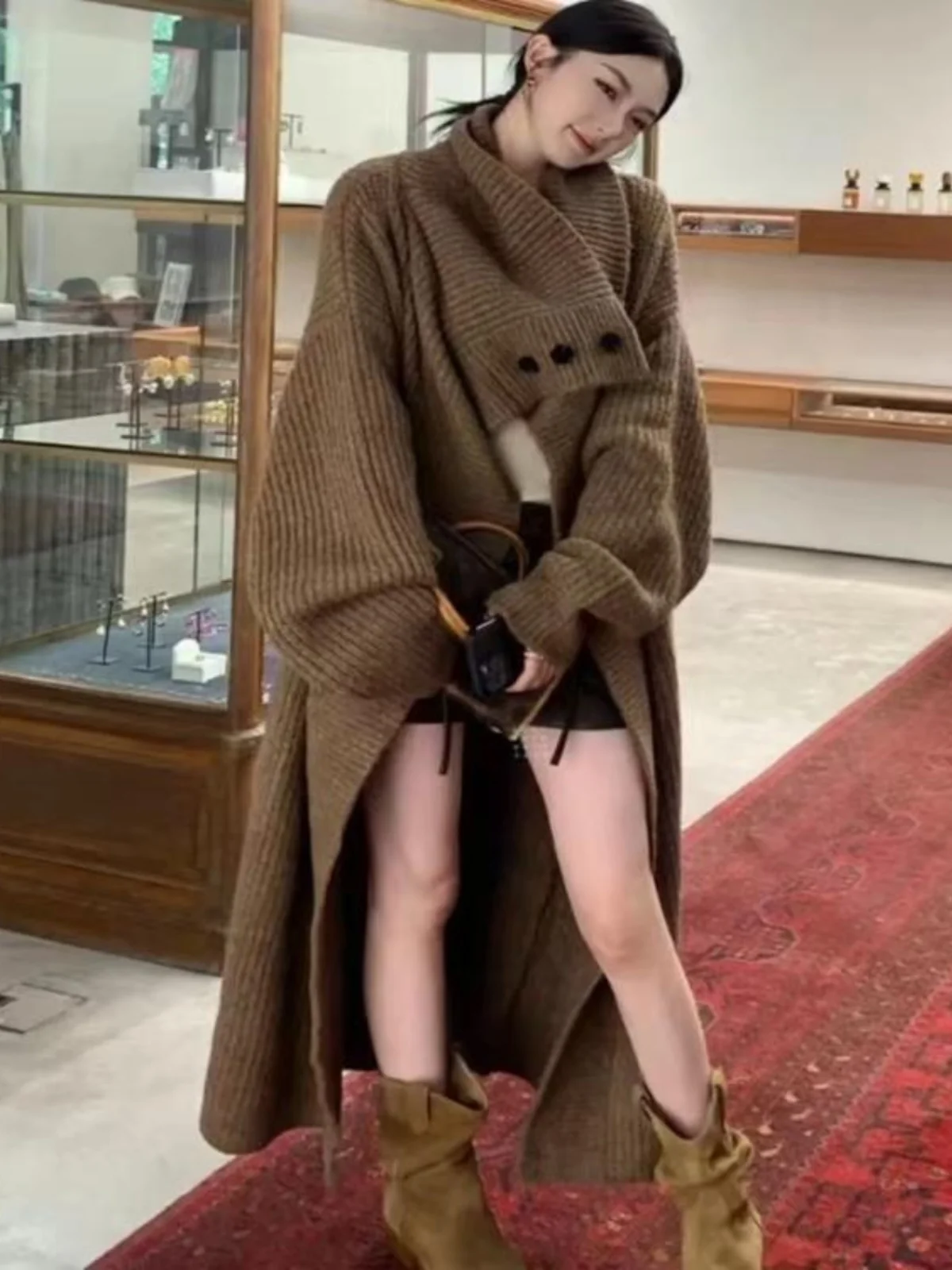 Вязаный кардиган простое Sle с большими лацканами женский осенне-зимний длинный