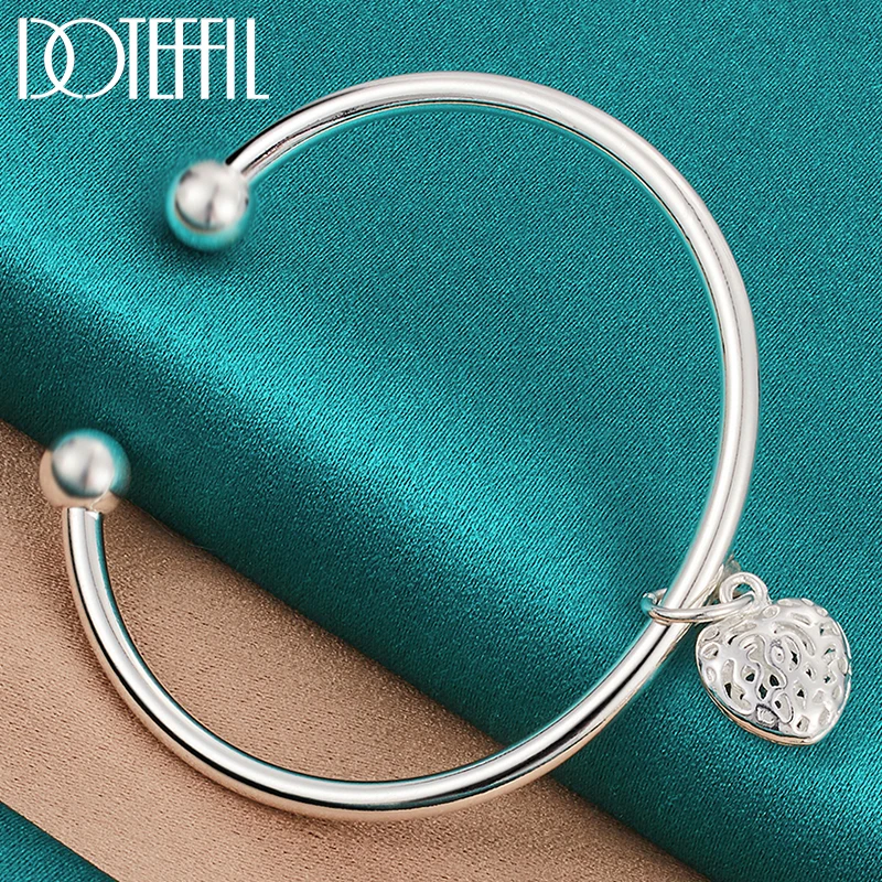 

DOTEFFIL 925 Sterling Silver Double Bead Heart Cuff Bangle Bracelet For Woman Man Wedding Engagement Fashion Charm Party Jewelry