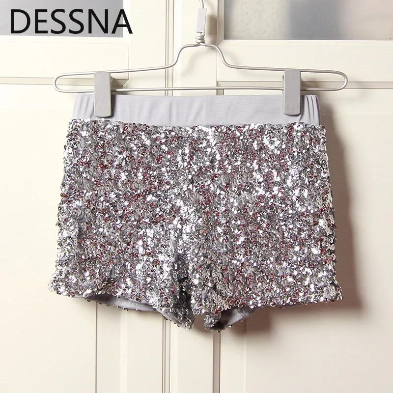 

Spring Summer Fashion Sexy Womens Silver Sequin Hot Shorts Casual Short Pants For Woman Low Waist Ribbons Femme Latest Short