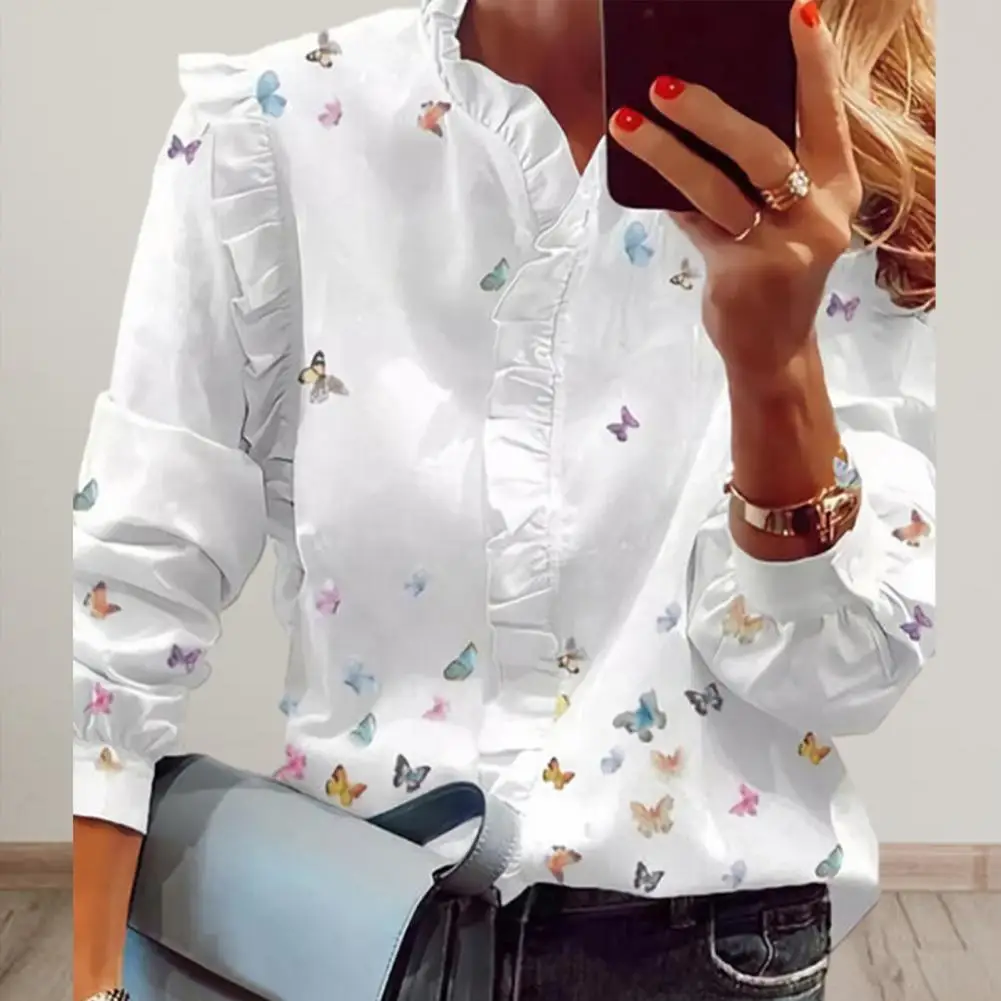 

Lady Style Shirt Vintage Flower Print Stand Collar V Neck Women's Spring Shirt Loose Ol Style Commute Top with Soft Breathable