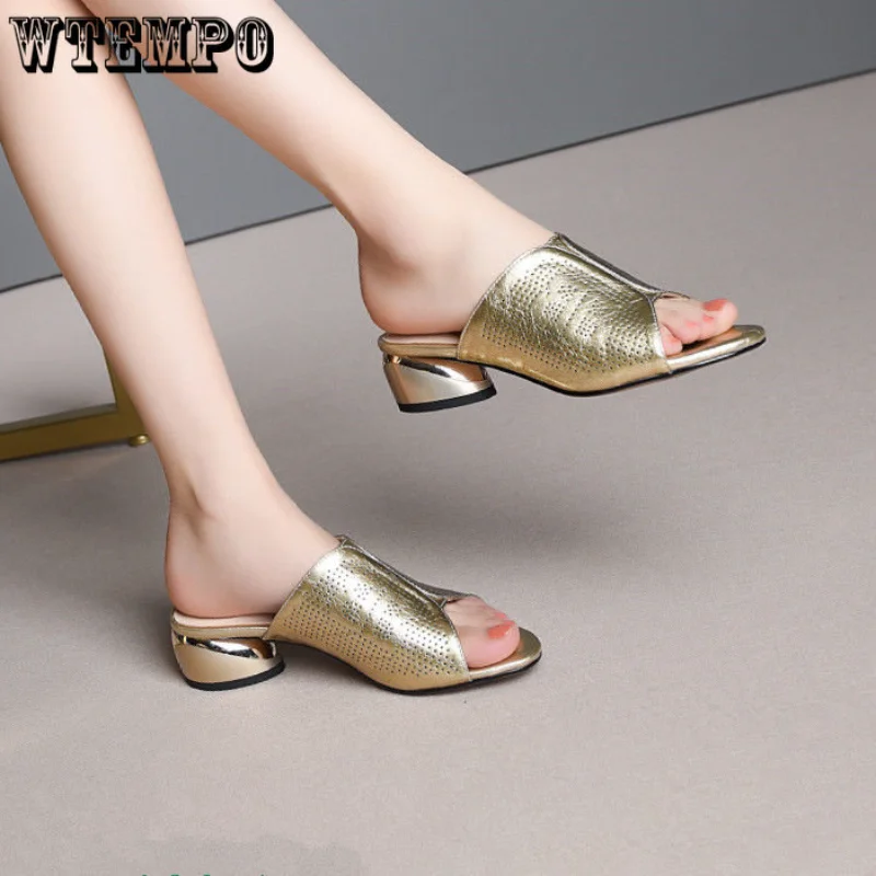 WTEMPO Summer Slippers for Women Fashion Pu Leather Thick Bottom Slides Non Slip Med Heel Sandals Wholesale Dropshipping